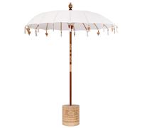 Patio Parasol Cream 185cm Cotton Wood Bamboo Balinese Tassel Bells Handcrafted.