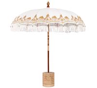 Parasol Cream Cotton & Solid Wood 215x215cm Canopy Balinese Fringe Shade Outdoor