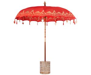 Balinese Parasol with Base Red Cotton, Solid wood and Bamboo Patio Shade vidaXL
