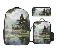 Balinese Temple 3 Pieces Set Laptop Backpack Travel Daypack with Lunch Box Pencil Case for Men Women