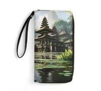 Balinese Temple Long Wallet PU Leather Credit Card Holder Money Clip Purse with Hand Strap