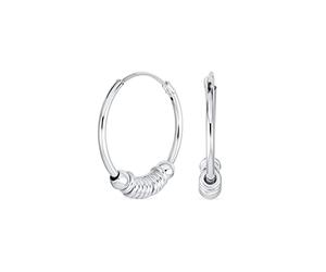 Balinese Tribal Ball Bead Continuous Circle Bohemian Boho Tribal Endless Bali Hoop Earrings For Women .925 Sterling Silver .75 Inch Diameter