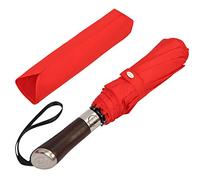 Balios (Designed in UK) Travel Umbrella Luxurious Golden Hardwood Handle Auto Open & Close Windproof Frame Single Canopy Automatic Folding Umbrella Men's & Ladies, Vibrant Red