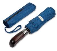 Balios Folding Umbrella Wood Handle Auto Open Close Vented Canopy Herringbone Navy Blue