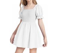 Balipig Girls Dress Puff Short Sleeve Square Neck Summer Dresses Kids Casual Elegant Party A-Line Skirt Clothes for Girl 5-6 Years White