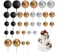 Ball Cake Topper,32 PCS Round Gold Cupcake Toppers Decorations Mini Cake Topper Foam Ball Cake Picks for Wedding Party Birthday Cake Decorations Gold Silver Black