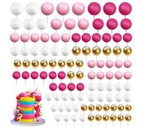 Ball Cake Topper Decorations 113 Pcs, Foam Round Ball Cake Toppers with Sticks in Rose Red Pink White Gold, Mini Balloons Cake Decorating Supplies for Wedding Birthday Party Cake Accessories