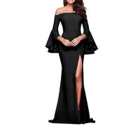 Ball Dresses Women's Long Princess Cocktail Dress Women's Elegant Curvy Shoulderless Bell Sleeves with Slit Evening Dresses Curvy Wedding Dress Slim Fit Homecoming Dress Ruffle Mermaid Dress, black, S