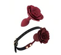 Ball Gag + Pink Butt Plug - BDSM Set Silicone Sex Toys for Adults, Rose Butt Plug with Tail Decorative Mouth Gag Domination Accessories