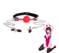 Ball Gag with Nipple Clamps, 4Cm Silicone Mouth Gag for Adult Play, Ballgag Nipple Clamps with Chain, Open Mouth Gag for Woman, SM Sex Toys for Couples Flirt Play Fetish Cosplay