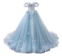 Ball Gown Tulle Off-The-Shoulder Sleeveless Applique Sweep/Brush Train Quinceanera Dresses, Sky Blue, 4