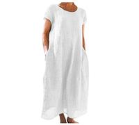 Ball Gowns For Women Uk Long Black Dress Black Shirt Dress Crew Neck Solid Color Linen Dresses With Pockets Cotton Linen Blend Maxi Dresses Loose Summer Dresses Linen Dress (White, S)