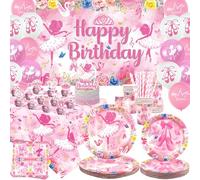 Ballerina Birthday Party Decoration, Ballet Party Accessories, Plates Cups Napkins Tablecloth Happy Birthday Background Balloons Cake Toppers for Girls Women Dance Party