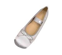 Ballerina Shoes Women's Satin Pumps Flat Shoes Vintage Mary Jane Low Shoes Elegant Evening Shoes with Bow Wide Feet Women Single Slingback Shoes Lightweight Dance Shoes Slip On Women's Shoes, silver