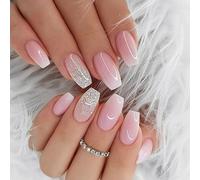 Ballerina Short Stick On Nails,MouyouGlow Pink Gradient White Silver Glitter Press On Nails 24Pcs False Nails With Glue,Acryl Fake Nails for Woman