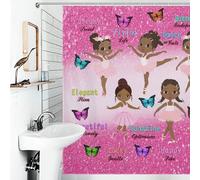 Ballerina Shower Curtain,African America Black Girl Butterfly Pink Glitter Print for Bathroom Bathtubs Curtains Cloth Fabric Home Decor with Hooks Set,72x72Inch