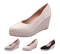 Ballerinas Women's Elegant Wedge Heel Pumps Slip-On Single Shoes Lace Stiletto Shoes Closed Sandals Commuting Heel Shoes High Heel Evening Shoes Elegant Slip-On Shoes, beige, 4 UK