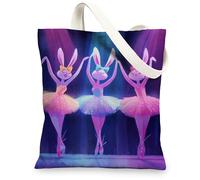 Ballet Bunny Canvas Tote Bags, Cute Rabbit Dance Pattern Reusable Shopping Bags, Stylish Colorful Lightweight Washable Shou, Colorful, 13x15 Inch