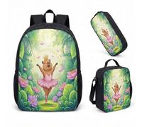 Ballet Capybara Crown 17 Inch Backpack 3 Piece Set, Cute School Bag with Lunch Box Pencil Case Pink Floral (01)