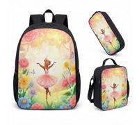 Ballet Capybara Crown 17 Inch Backpack 3 Piece Set, Cute School Bag with Lunch Box Pencil Case Pink Floral (02)