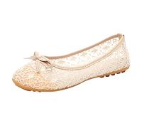 Ballet Flats for Women UK Elegant Lace Embroidery Hollow Out Loafers Casual Front Bowknot Lace Mash Ballet Pumps Breathable Slip On Flat Shoes for Work Office Dailywear Beige
