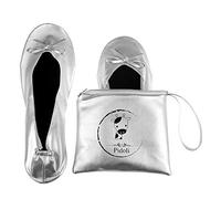 Ballet Flats Shoes -Women's Foldable Portable Travel Roll Up Shoes with Pouch Silver Size: 9.5