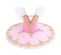 Ballet Leotard for Girls Kids Short Sleeve Lace Pearl Embroidered Tulle Tutu Skirt Gymnastic Bodysuit Ballerina Dance Swan Lake Costume Skating Team Performance Ballet Dress Pink 7-8 Years