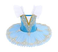 Ballet Leotard for Girls Kids Short Sleeve Lace Pearl Embroidered Tulle Tutu Skirt Gymnastic Bodysuit Ballerina Dance Swan Lake Costume Skating Team Performance Ballet Dress Blue 5-6 Years
