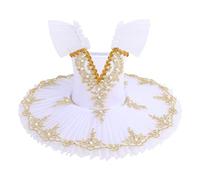 Ballet Leotard for Girls Kids Short Sleeve Lace Pearl Embroidered Tulle Tutu Skirt Gymnastic Bodysuit Ballerina Dance Swan Lake Costume Skating Team Performance Ballet Dress White 4-5 Years