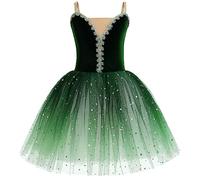 Ballet Leotard for Girls Kids Spaghetti Straps Ruffle Lace Embroidered Glitter Tulle Tutu Skirt Gymnastic Bodysuit Ballerina Dance Swan Lake Costume Skating Team Performance Dress Green 13-14 Years