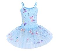 Ballet Leotard with Tutu Skirt for Girl Dance Gymnastics Camisole Bodysuit Sparkly Butterfly Sequin Tulle Skirt Kids Ballerina Dress Up Classic Basic Athletic Leotard Training Outfit Blue 5-6 Years