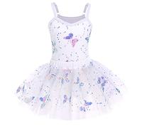 Ballet Leotard with Tutu Skirt for Girl Dance Gymnastics Camisole Bodysuit Sparkly Butterfly Sequin Tulle Skirt Kids Ballerina Dress Up Classic Basic Athletic Leotard Training Outfit White 7-8 Years