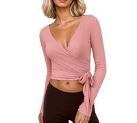 Ballet Pilates Wrap Top for Women Workout Yoga Dance Long Sleeve Wrap Shirts Slim Tie Front Going Out Y2k Crop Tops Pink