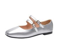 Ballet Shoes for Girls, Women Patent Mary Jane Flats, Glossy Black Upper with Two Slim Buckle Straps, Rounded Square Toe, Double Buckle Straps, Comfortable Soft Sole Footwear for Office (Silver, 6.5)