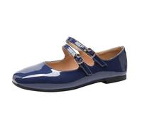 ballet shoes for girls, women patent Mary Jane flats, glossy black upper with two slim buckle straps, rounded square toe, double buckle straps, comfortable soft sole footwear for office (Dark Blue, 7)