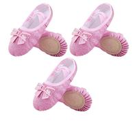 Ballet Shoes Shoes Girls Glitter Flats Ballet Dance Leather for Girls Gymnastic Dance Practice Split-Sole No-Tie with Sparkly Bow(3 Pair Pink,24)