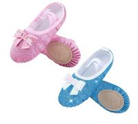Ballet Shoes Shoes Girls Glitter Flats Ballet Dance Leather for Girls Gymnastic Dance Practice Split-Sole No-Tie with Sparkly Bow(Pink Blue,24)