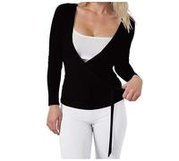 Ballet Top for Women Workout Yoga Dance Long Sleeve Shirt Slim Tie Front Going Out Crop Tops Chiffon Basic Tshirts (Black, L)