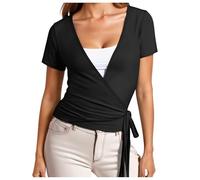 Ballet Wrap Cardigan Women Low Cut Top Pilates Sparkly Tie Front Blouse Ladies Evening Party Dance Tops Dressy Going Out Backless Top Tops to Hide Belly a Line for Women