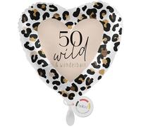 balloa 50th Birthday Foil Balloon Leo Design, Heart Balloon with Number 50, Helium Balloon, Balloon for Party Decoration, Birthday Gift for Women, Leopard Print, 33 cm