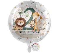 balloa Foil Balloon 2 Years Safari Motif with Lion Giraffe Monkey Elephant, Gift for Second Children's Birthday, Helium Balloon Jungle Animal Party Decoration, Balloon Party Decoration, 33 cm