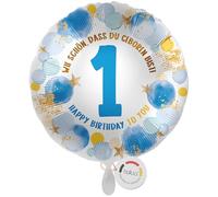balloa Foil Balloon XXL 1st Birthday Boy, Helium Balloon with Large Number 1 and Saying Wie schön dass du geboren bist, Birthday Decoration, Balloon Gift Children's Birthday Boy, 53 cm