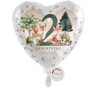 balloa Foil Balloon XXL 2 Years Heart Shape Forest Animals Motif with Fox Deer Hedgehog Gift for Second Children's Party Helium Balloon Natural Theme Animal Party Decoration Balloon Celebration