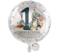 balloa Foil Balloon XXL Dino Party, Gift for 1st Birthday, Helium Balloon Round with Dinosaur Motif and Number 1, Children's Birthday Party Decoration Prehistoric Time, Birthday Decoration Boys or