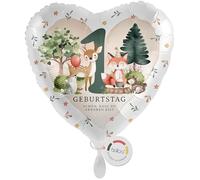 balloa Foil Balloon XXL Heart Forest Animals, Gift for 1st Birthday, Helium Balloon for Children's Birthday, Party Decoration with Fox Deer Hedgehog Motif, Children's Birthday Decoration Boys or Girls