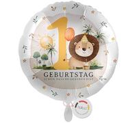 balloa Foil Balloon XXL Safari Lion, Gift for 1st Birthday, Helium Balloon Round with Animal Motif and Number 1, Children's Birthday Party Decoration, Safari Theme, Birthday Decoration Boys or Girls