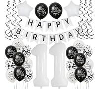 Balloon 11th Birthday Black White - Decoration for Boys and Girls - Giant Foil Balloon Happy Birthday - Cake Decoration