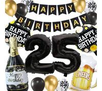 Balloon 25th Birthday Decoration Men Women, Black Gold 25th Birthday Banner Number 25 Balloons Champagne Bottles Beer Foil Balloon Decoration for 25th Birthday Party Decoration (25th)