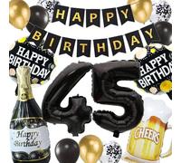 Balloon 45th Birthday Decoration Men Women, Black Gold 45th Champagne Bottles Beer Foil Balloon Birthday Decoration, Cheers to 45 Years Old Balloon Decoration (45th)