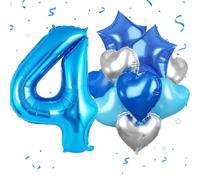 Balloon 4th Birthday, Blue Birthday Decoration 4 Year with Giant Foil Balloon 4 Silver Blue Heart Star Foil Balloons for 4th Birthday Boy Girl Birthday Decoration Party